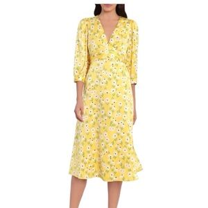 Maggy London Yellow Daisy Floral Print V-Neck Self-Tie Sash Midi Dress. Size 6.